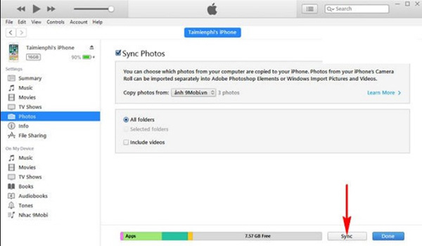 Nhấn chọn Sync để bắt đầu chuyển ảnh từ máy tính vào iPhone bằng iTunes