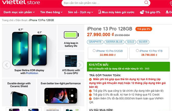iPhone 13 Pro chính hãng được bán tại Viettel Store.